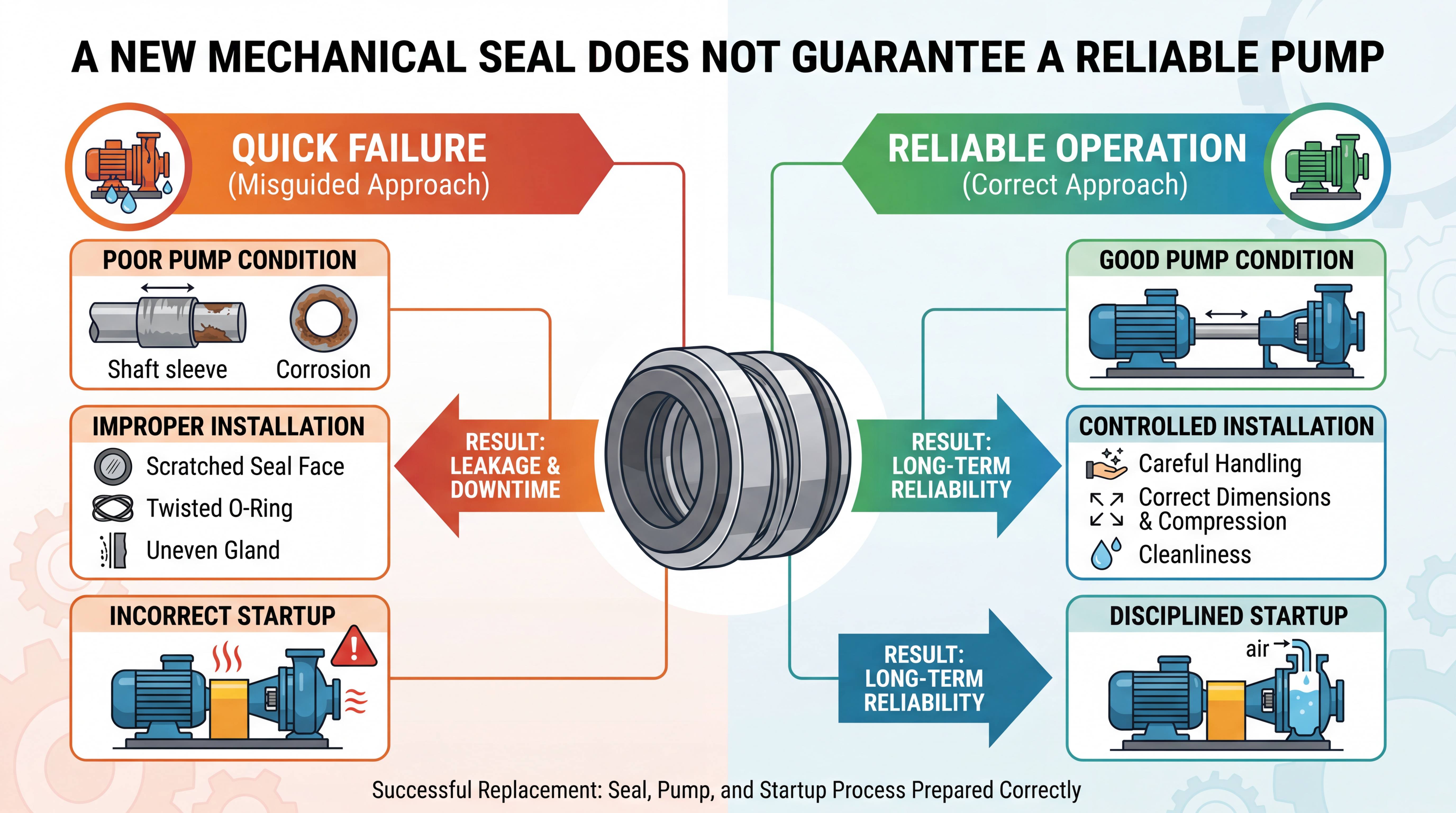 A new mechanical seal does not guarantee a reliable pump infographic comparing poor pump condition improper installation incorrect startup and the correct approach for long-term reliability